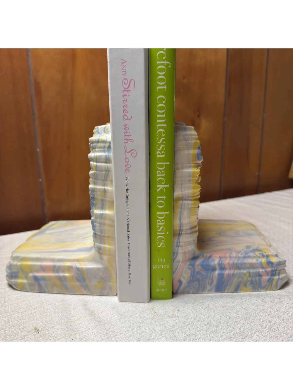 Vintage Pastel Marbled Ceramic Bookends Pink Blue Yellow Swirl Set of 2